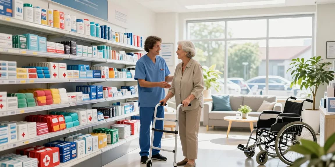 Welcoming medical supply store featuring mobility aids and friendly service, showcasing healthcare products.