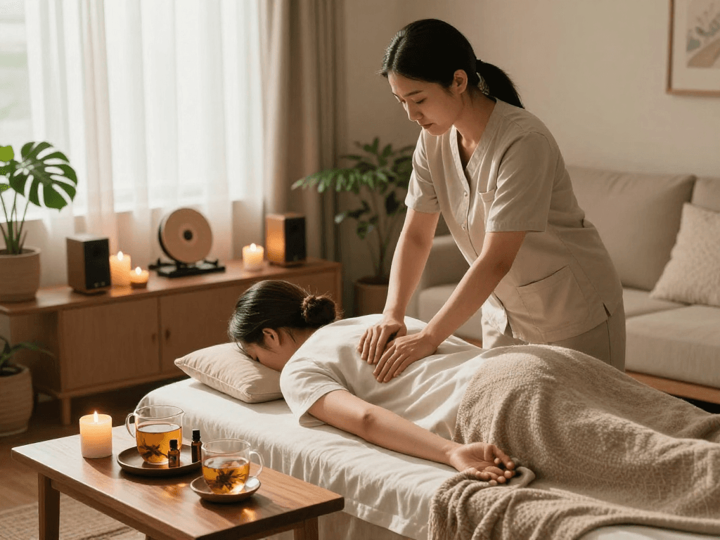 Enjoying 출장안마 in serene home environment, professional massage therapist providing a calming experience.