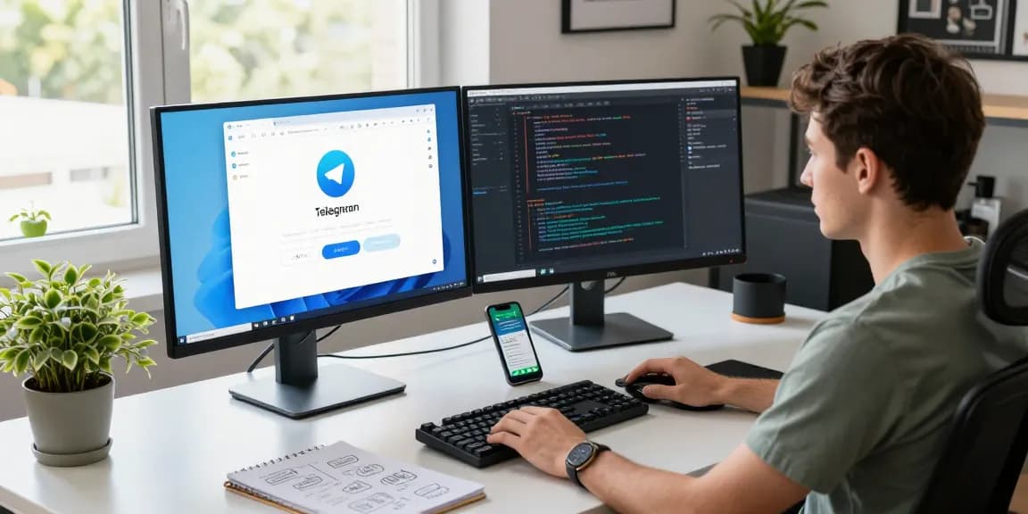 Dynamic workspace with developer coding Telegram download on dual monitors for a modern tech office.