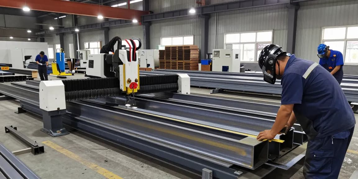 Skilled professionals in a commercial steel company fabricating custom steel structures in a busy workshop.