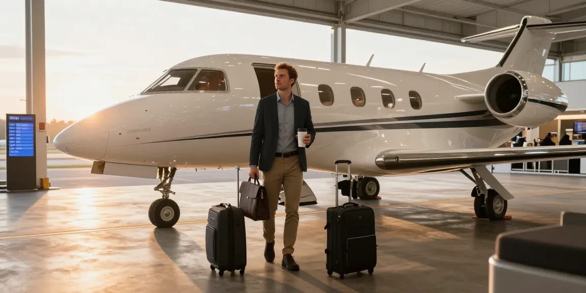Private flight charter Ontario scene at sunrise, business traveler prepared for departure with luggage near Piper PA-31 Navajo aircraft.