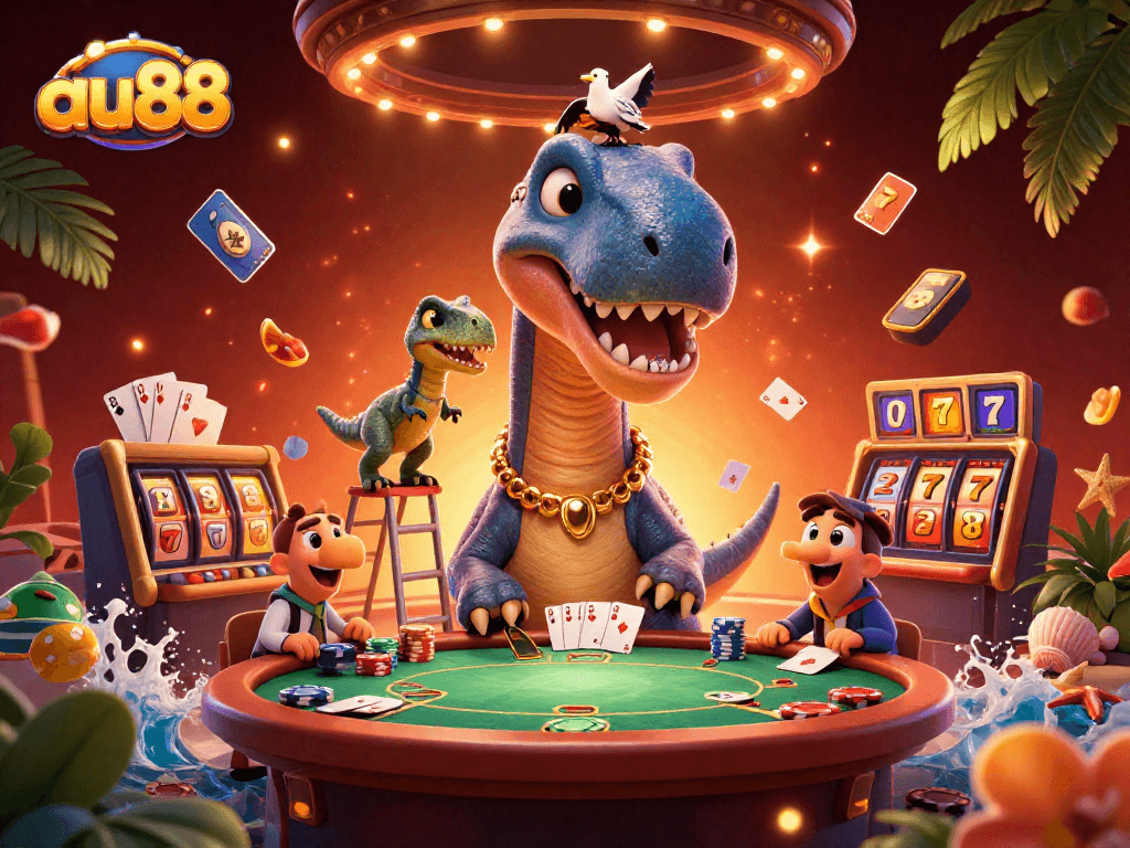 Play poker at au88 with a giant brontosaurus and raptor dealer in a vibrant casino scene.