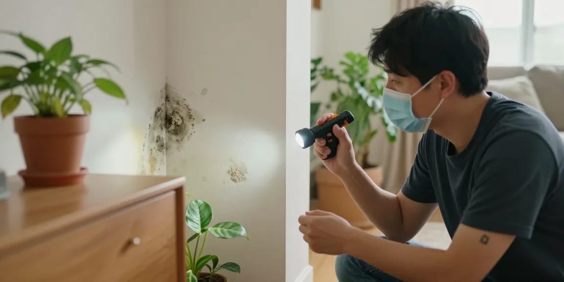 Mold Remediation Vancouver: Homeowner inspecting mold growth in living room