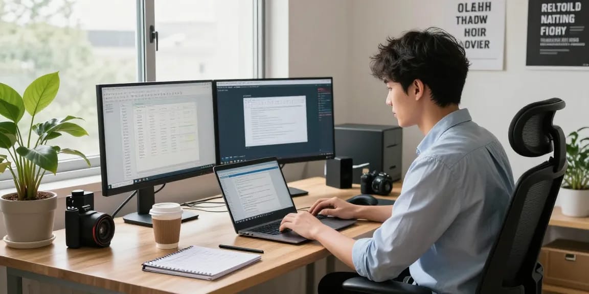WPS Download in action on a laptop in a bright home office workspace with dual monitors and productivity tools.