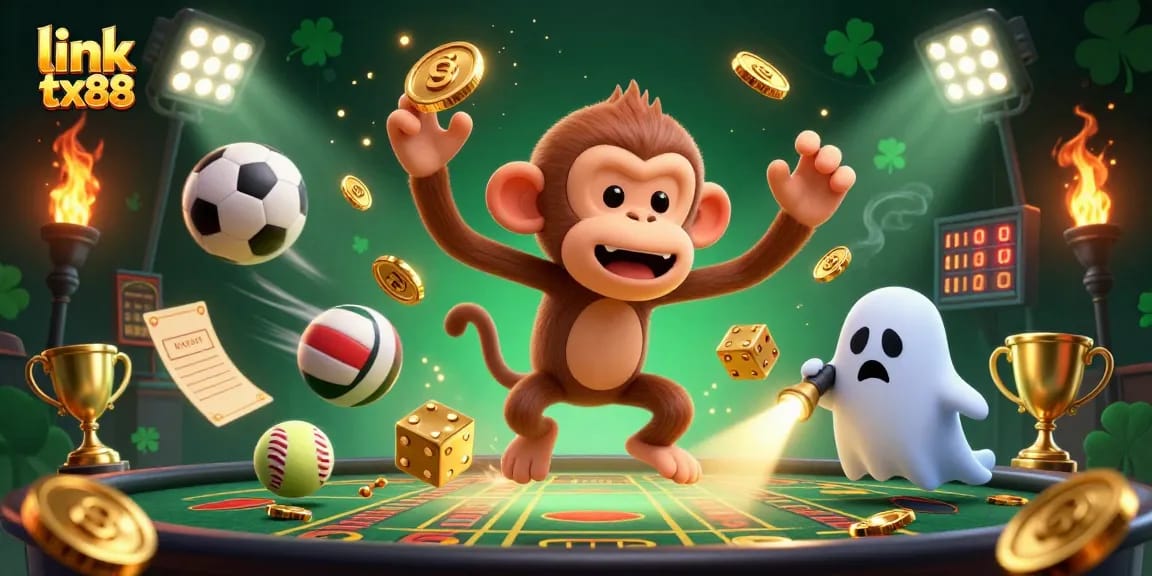 Engage with link tx88 in a vibrant scene featuring a playful poltergeist monkey juggling in a haunted casino.