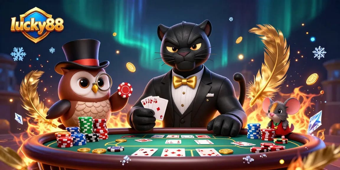 Engage in thrilling poker action with lucky88, featuring stylish characters and dynamic casino elements.
