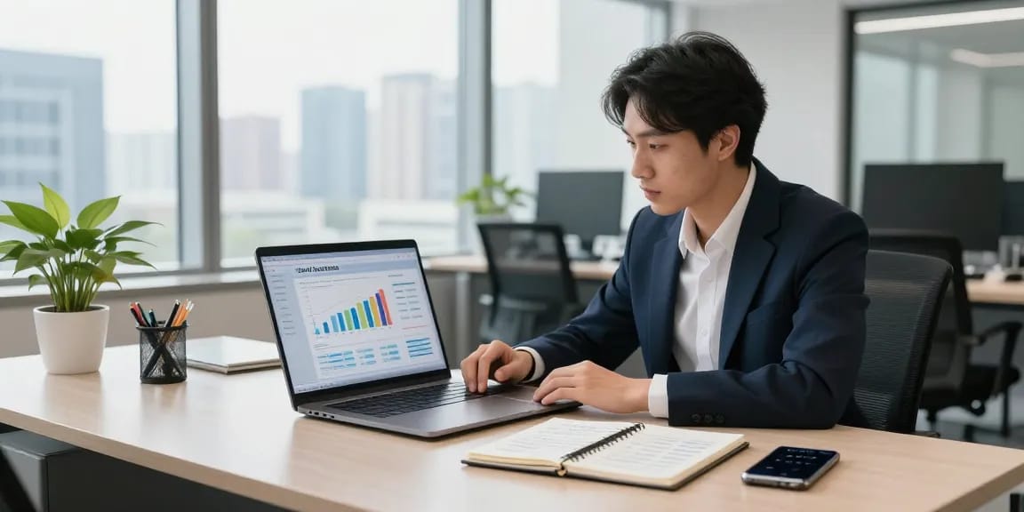 Engaged professional using accounting software for small business in a modern office.
