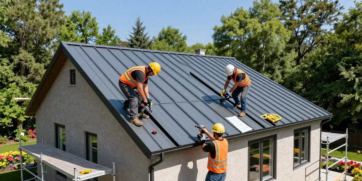 Installation of metal roofing Mississauga by skilled workers on a residential home.