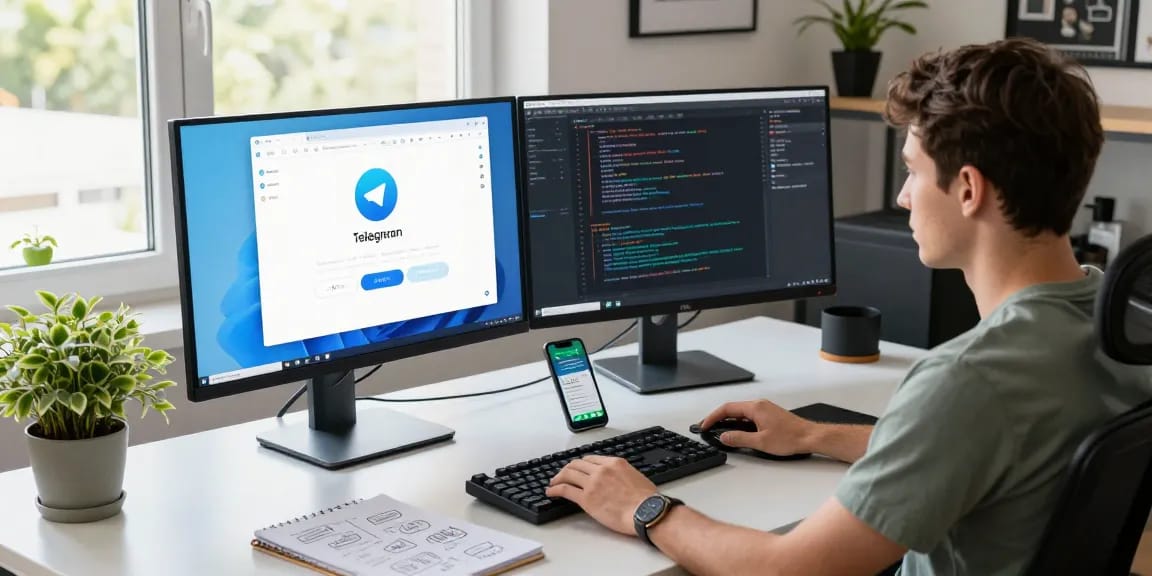 Dynamic workspace with developer coding Telegram download on dual monitors for a modern tech office.