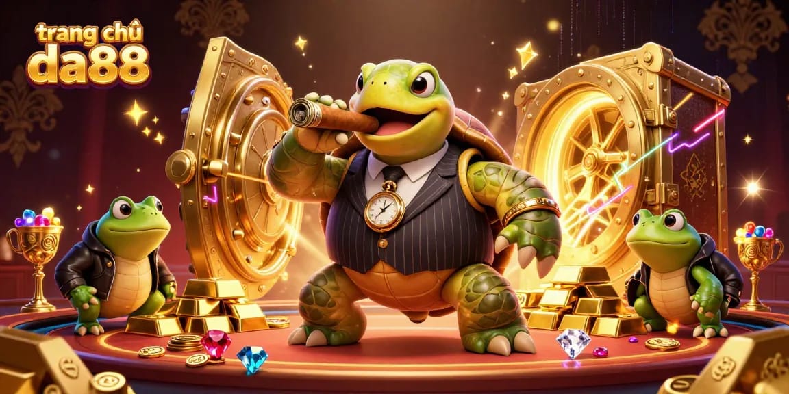 Winning at trang chủ da88 with a cartoon turtle and frog enforcers amidst gold and jewels.
