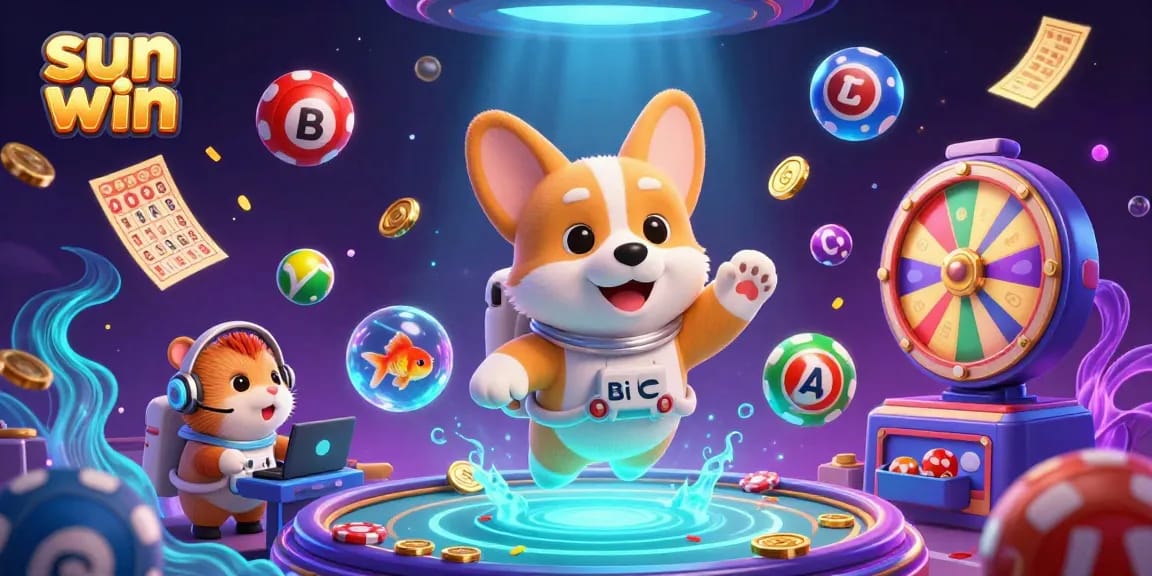 Experience the excitement of sun win in an animated casino scene with playful characters and lottery fun.