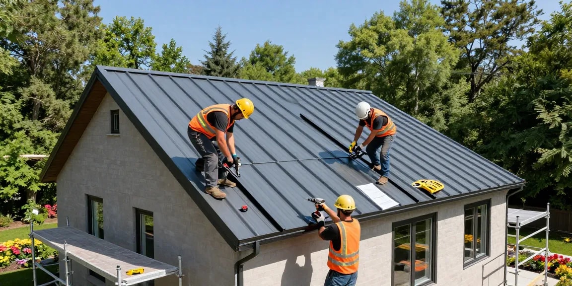Installation of metal roofing Mississauga by skilled workers on a residential home.