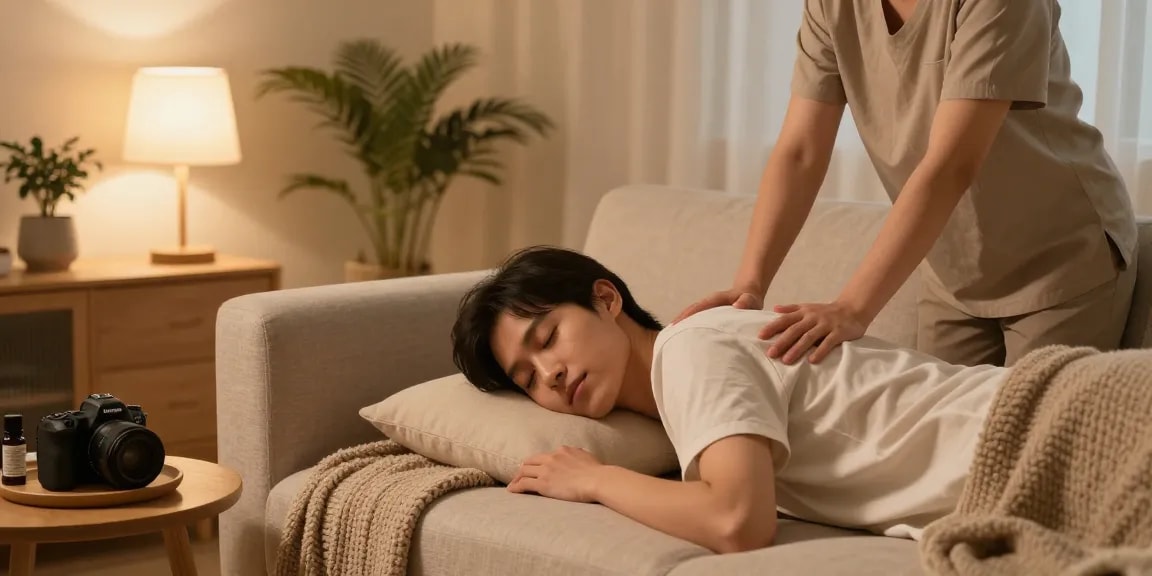 Enjoying 출장마사지 at home with professional therapist in relaxed living room.