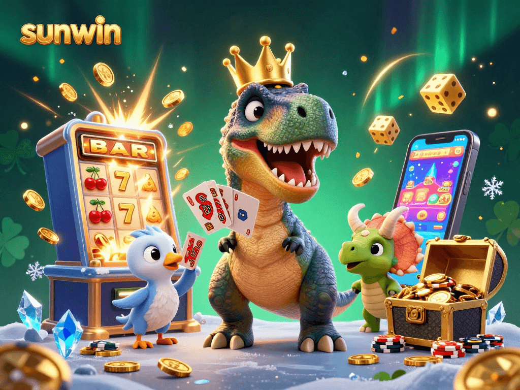 Experience sunwin's vibrant casino world with a T-Rex shuffling cards and a pterodactyl supporting him in a colorful scene.