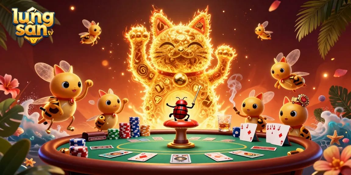 Experience thrilling gaming at lương sơn tv with golden lucky cat, poker chips, and vibrant casino elements.