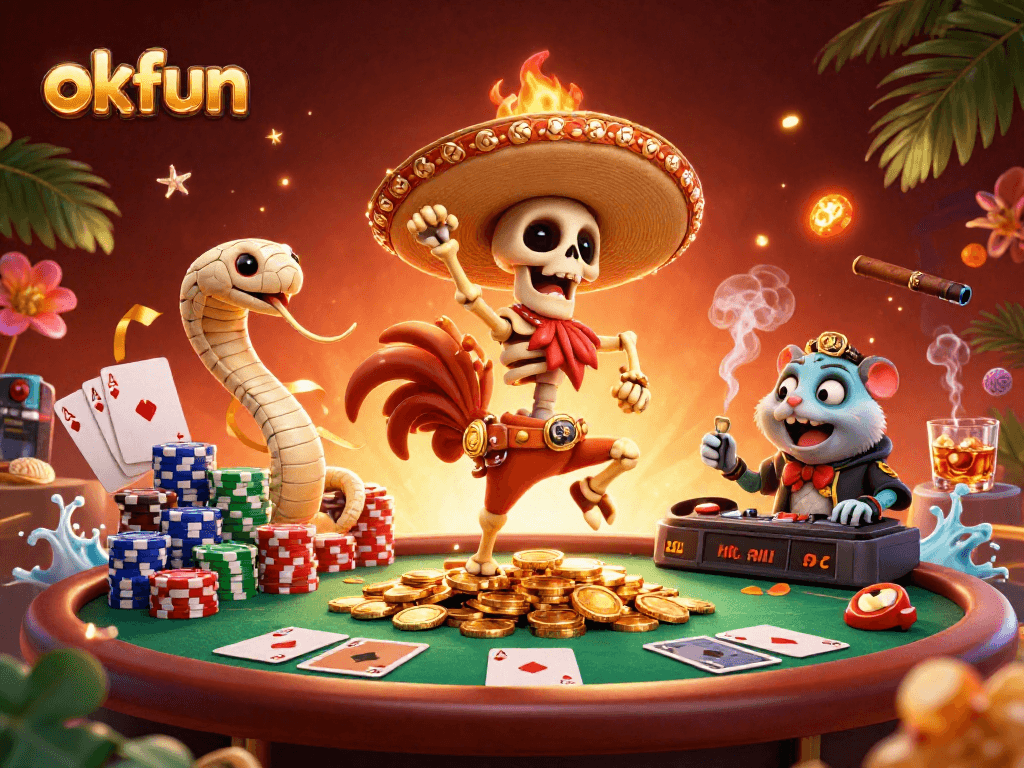 Engage in thrilling gameplay at okfun with our vibrant 3D casino scene featuring dynamic characters and colorful poker elements.