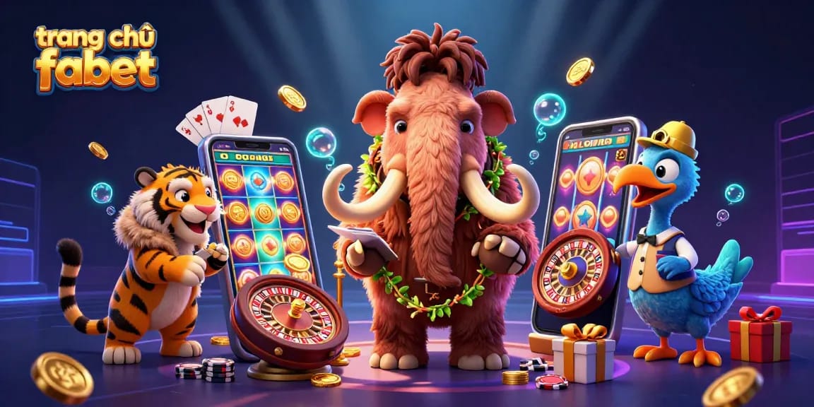 Experience the vibrant scene of trang chủ fabet with a mammoth bouncer at a casino entrance, surrounded by gaming elements.