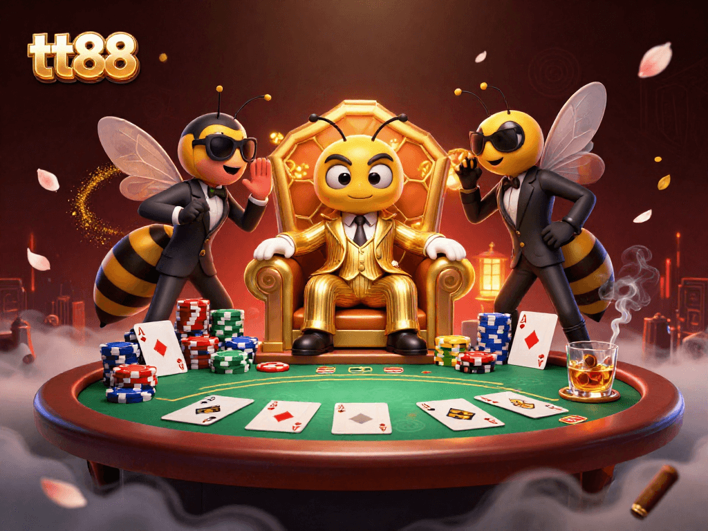 Bet on tt88 with the cartoon mob boss in a detailed gambling scene featuring poker elements.