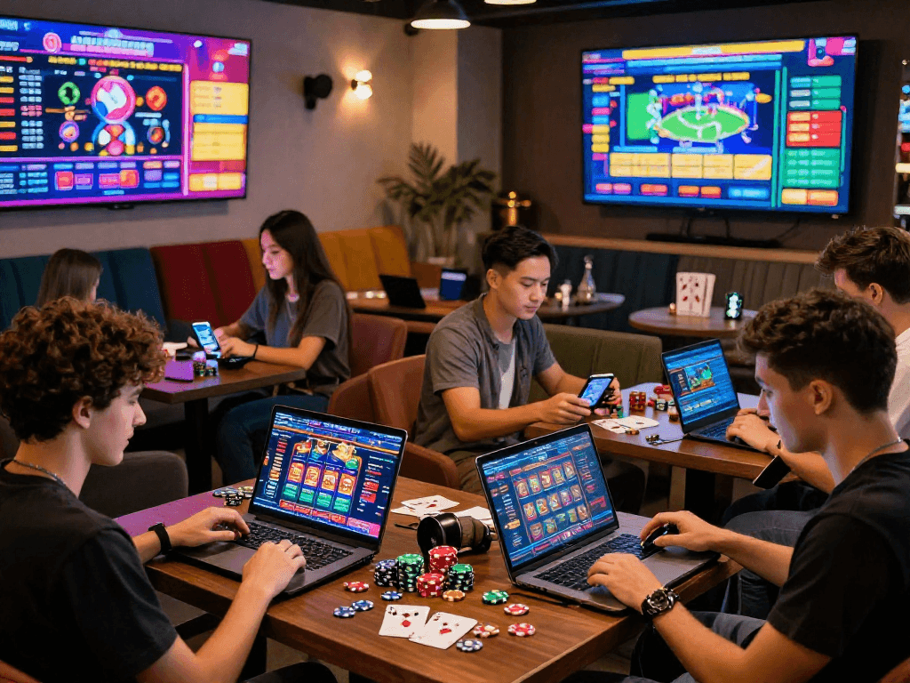 Engaged players exploring top gambleonline platforms in a vibrant digital lounge.