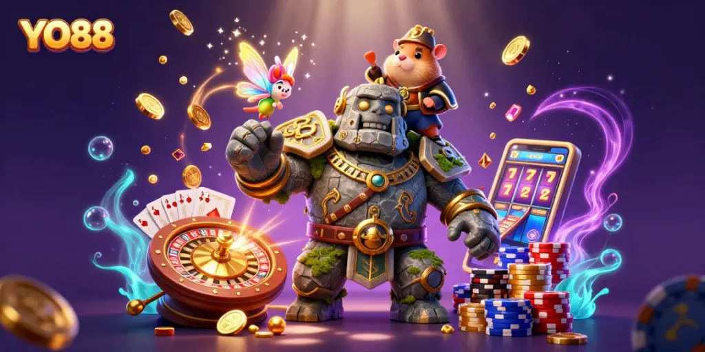 Engage with YO88 as a stone golem guardian and fairy cast magic amidst sparkling casino chaos.