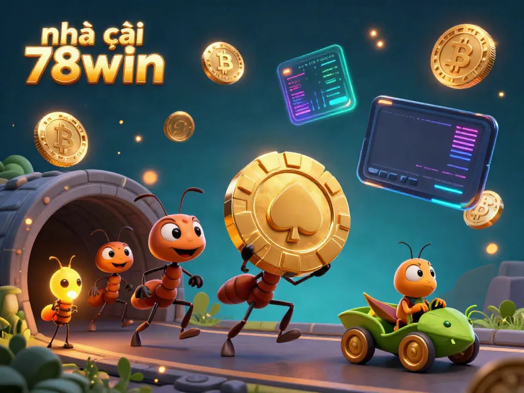 Engage with the vibrant heist scene at nhà cái 78win, featuring cartoon ants and crypto elements.