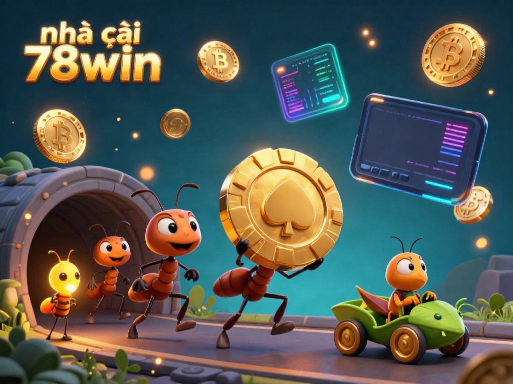 Engage with the vibrant heist scene at nhà cái 78win, featuring cartoon ants and crypto elements.