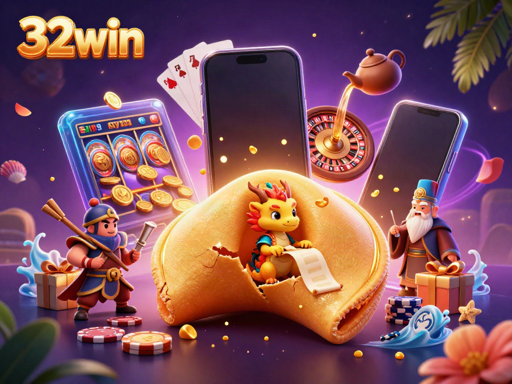 Experience fortune with 32win as golden coins fly from a slot game amidst whimsical characters.