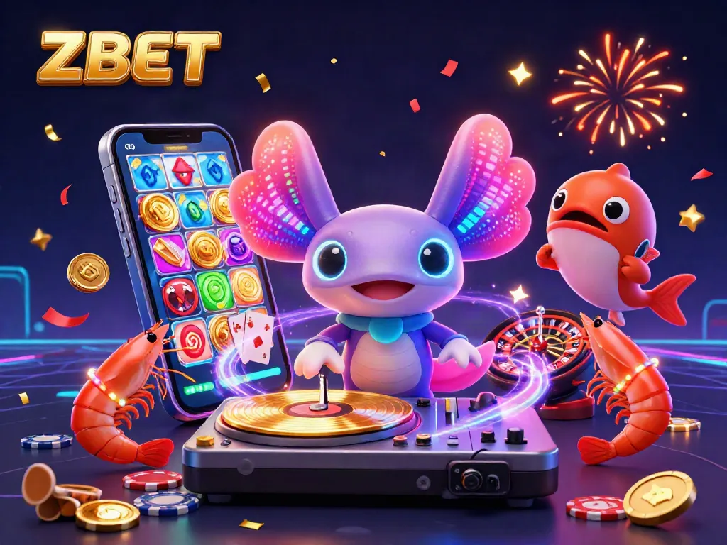 ZBET's vibrant gaming scene celebrates slot action with an axolotl DJ and lively sea creatures.