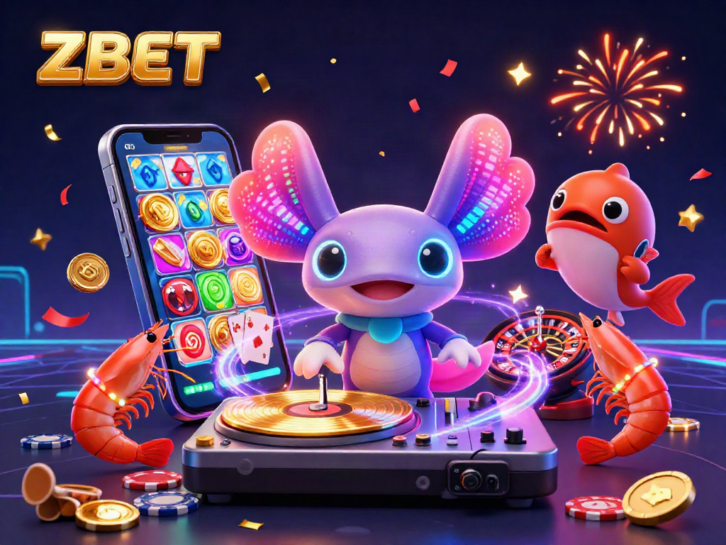ZBET's vibrant gaming scene celebrates slot action with an axolotl DJ and lively sea creatures.