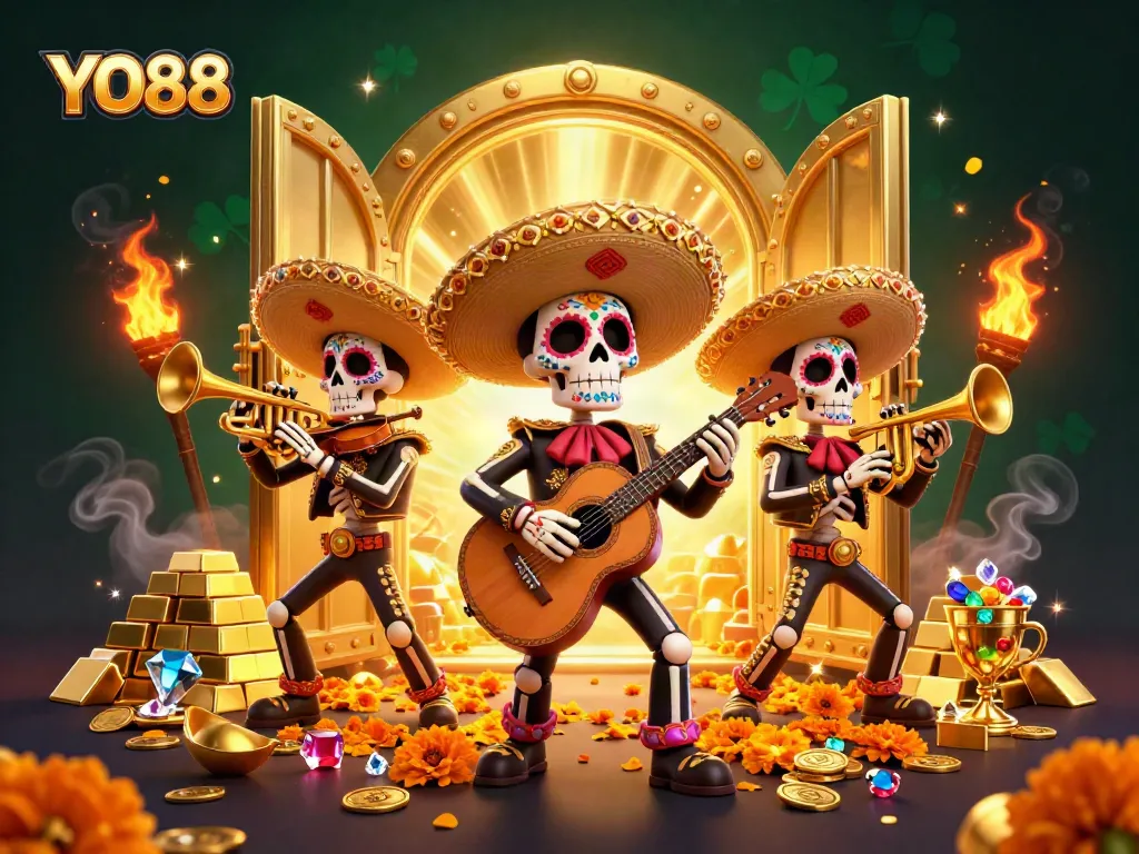 Join the excitement of YO88 with a vibrant mariachi band surrounded by treasures and gems in a casino theme.