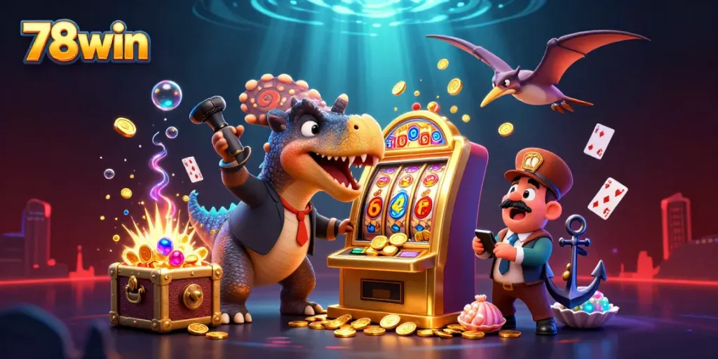 Experience excitement at 78win with cartoon dinosaurs in a casino scene, showcasing golden jackpot moments.
