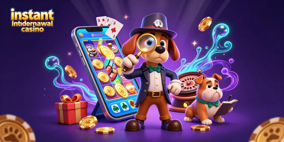 Explore the instant withdrawal casino scene with characters investigating poker chip clues amidst vivid slot games.
