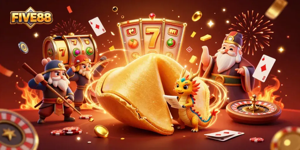 Experience winning moments with FIVE88 through animated characters and casino elements in this dynamic illustration.