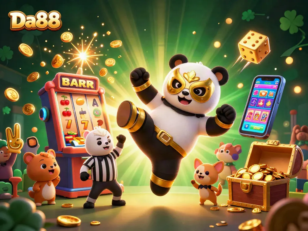 Experience Da88's thrilling slot games with a lively illustration of animal fans celebrating jackpots!