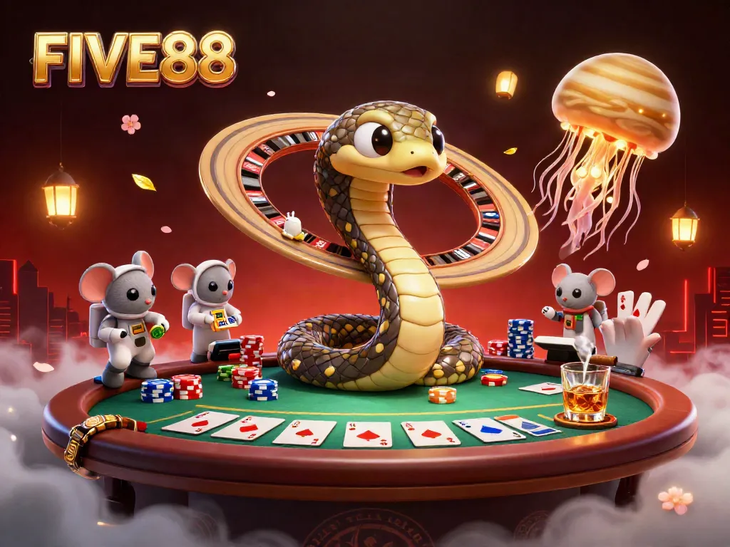 FIVE88 engaging in cosmic betting action with animated casino elements, showcasing vibrant casino theme.