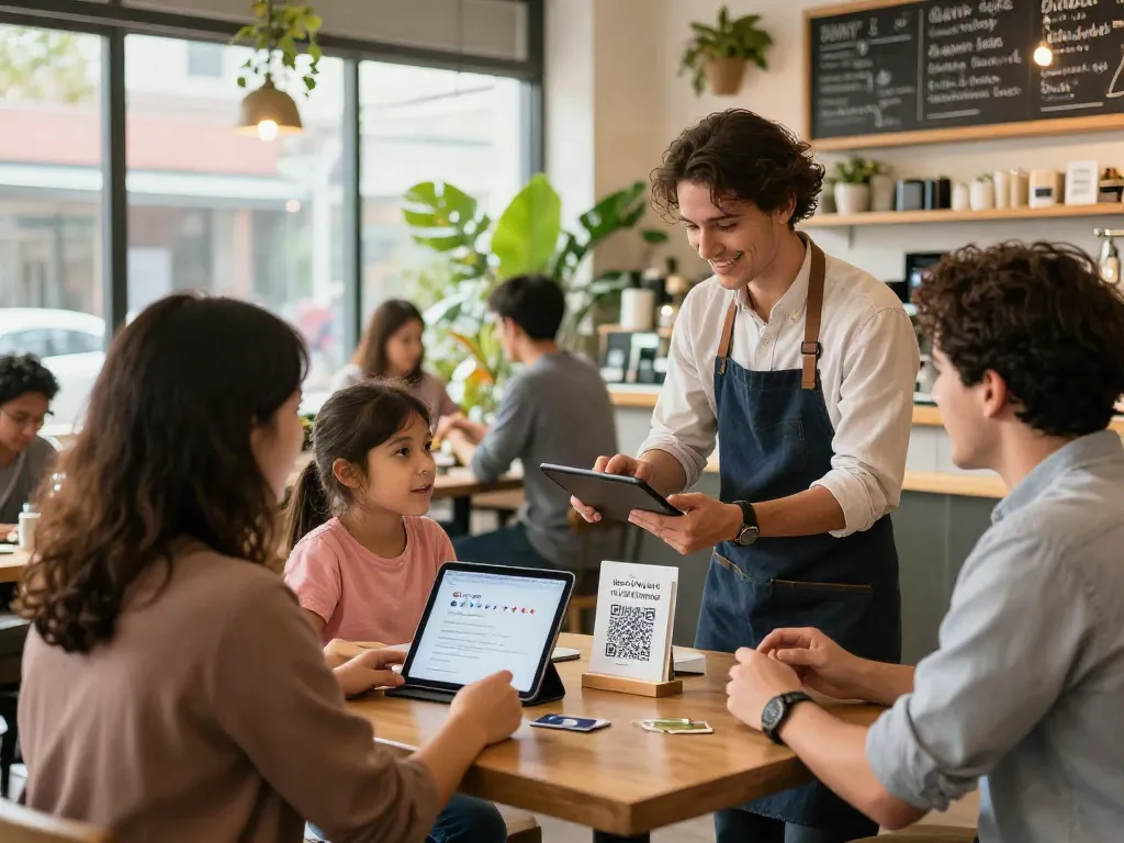 Customers engaging with review boost tools in a cozy café atmosphere, enhancing online reputation.
