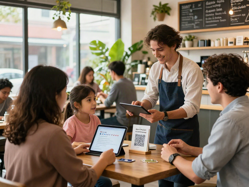 Customers engaging with review boost tools in a cozy café atmosphere, enhancing online reputation.
