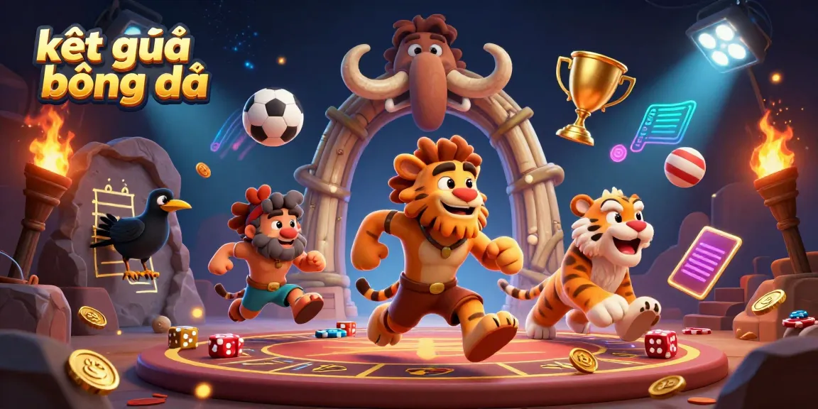 Experience kết quả bóng đá with a lively 3D scene featuring a caveman, sabertooth tiger, and sports balls in a unique casino.