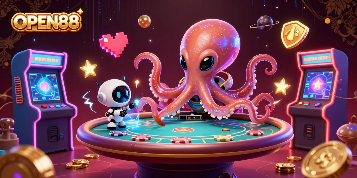 Experience OPEN88's vibrant poker scene with a colorful alien octopus and dazzling casino elements.
