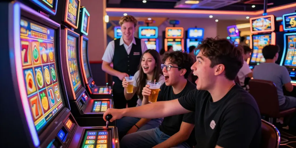 Permainan slot88 di kasino dengan pemain bahagia menarik tuas mesin slot dan bersenang-senang bersama teman-teman mereka.