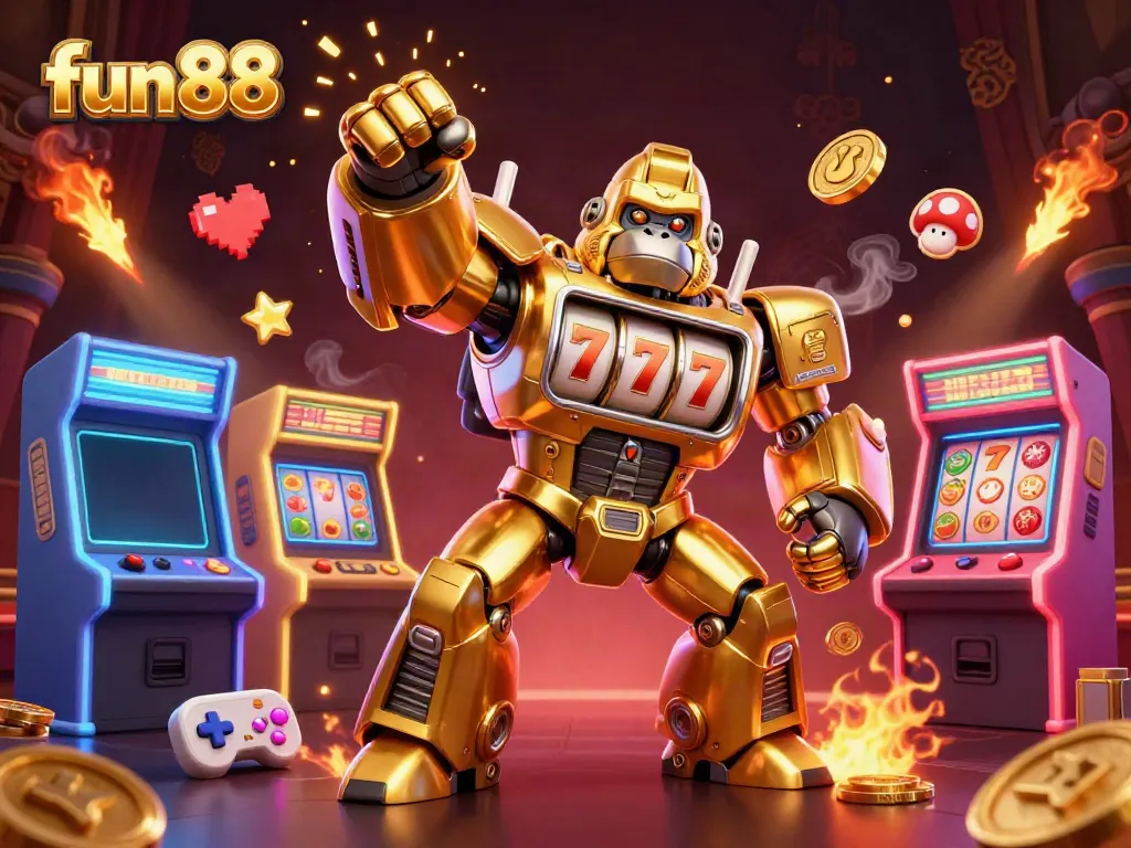 Experience fun88's excitement with a golden gorilla mech bursting coins in an animated casino scene.