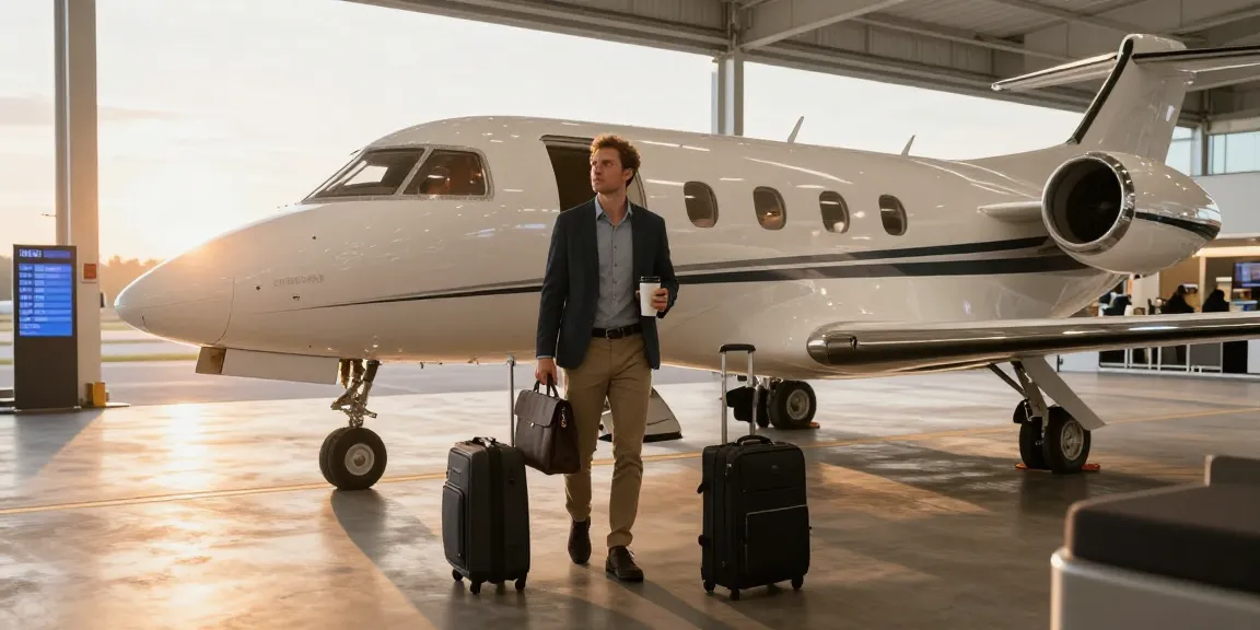 Private flight charter Ontario scene at sunrise, business traveler prepared for departure with luggage near Piper PA-31 Navajo aircraft.