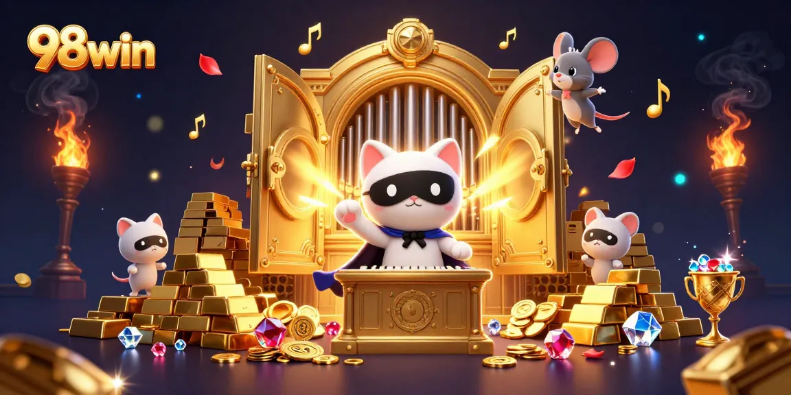 Experience excitement at 98win casino with a cartoon cat, acrobat mouse, and treasure galore.