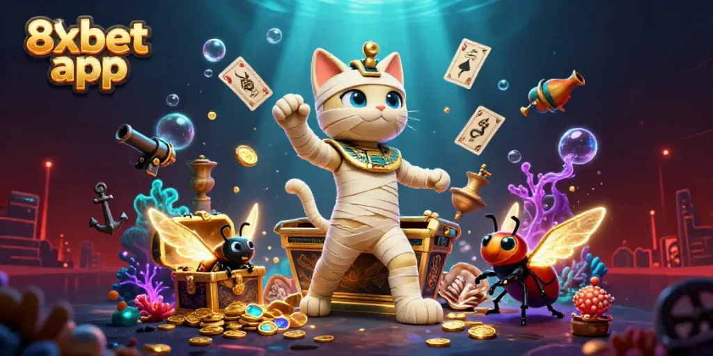Engage with the 8xbet app in an exciting casino scene featuring a mummy cat and treasures.