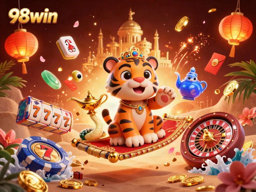 Engage in thrilling gameplay at 98win with a vibrant casino scene featuring exciting games and rich graphics.