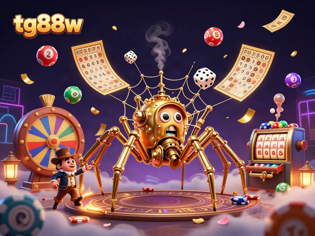 Engage in thrilling gambling with tg88w, showcasing a steampunk spider and game elements in an exciting casino scene.