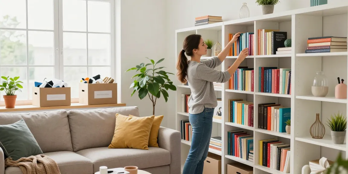 Decluttering services Ottawa: Professional organizer creating a serene living room environment by arranging books and decorative items.