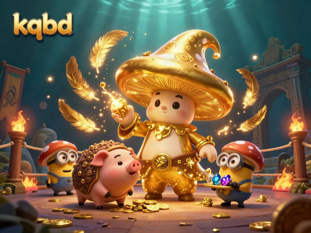 Experience kqbd with a magical twist, showcasing a golden mushroom wizard among treasure and fiery effects.