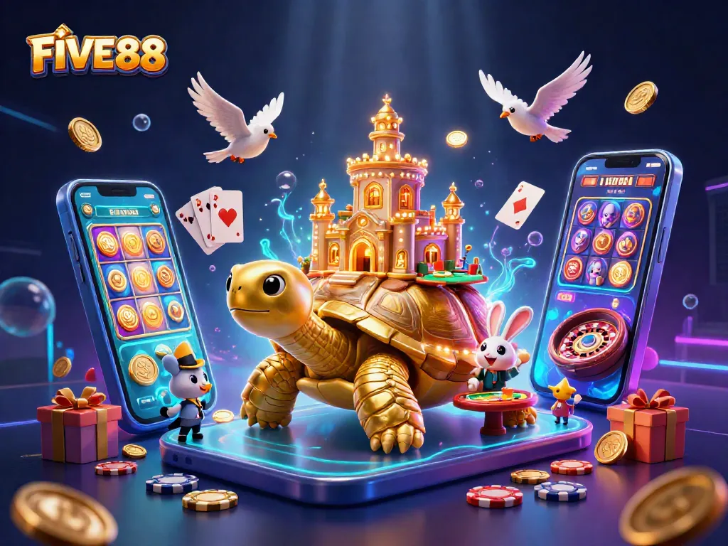 Experience the thrill of FIVE88 with a dynamic casino scene featuring a golden tortoise, a rabbit dealer, and coins flying around.