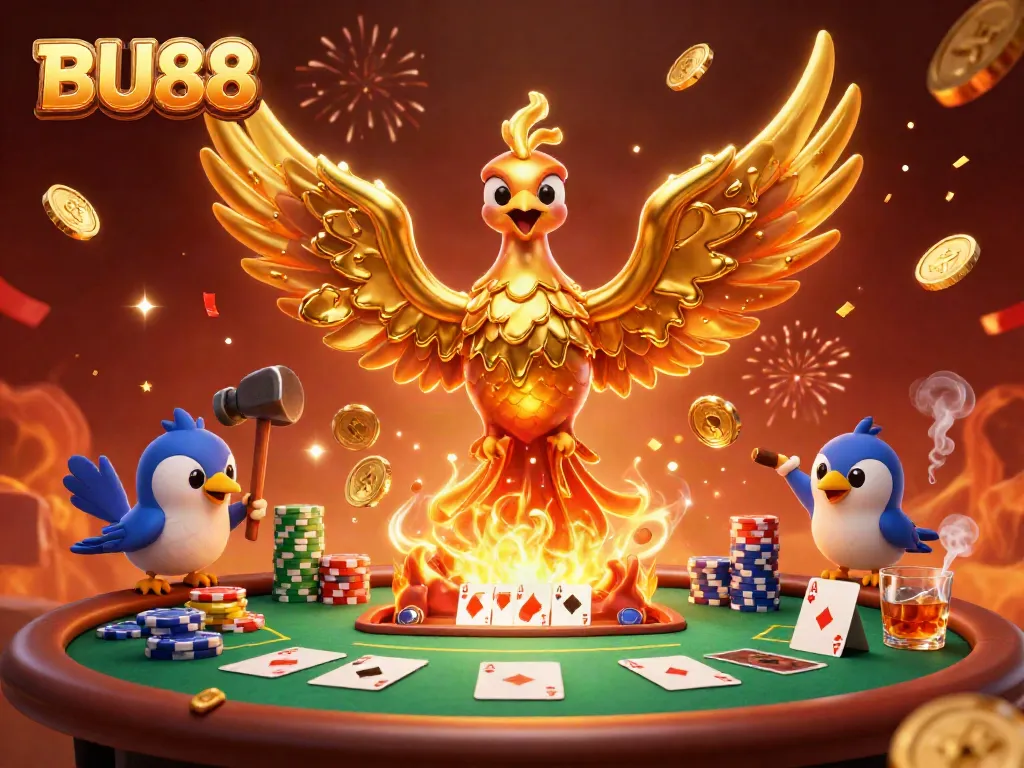 Immerse in BU88's thrilling poker scene featuring a molten phoenix and poker elements.